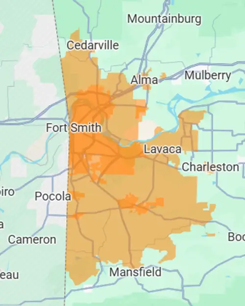 Clean Slate service area map covering the River Valley and western Arkansas