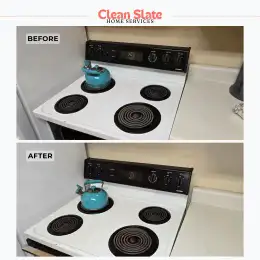 Stovetop and teapot before and after cleaning