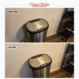 Trash area and wall before and after cleaning
